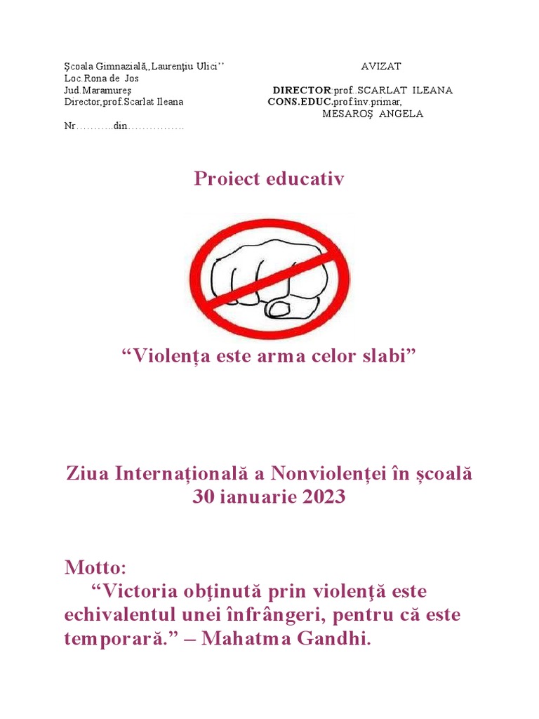 Şcoala Gimnazială Rona, Nonviolenta Proiect Educativ | PDF