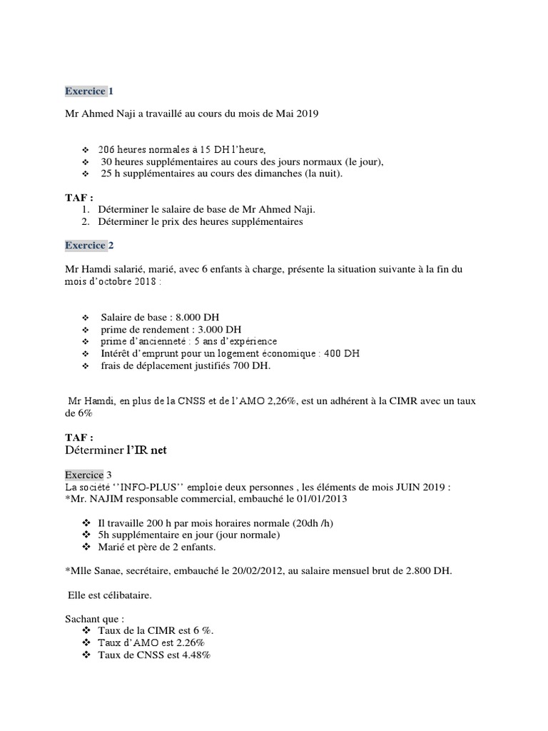 Exercice A Envoyer GRH 202 IR | PDF | Salaires | Bulletin de salaire ...