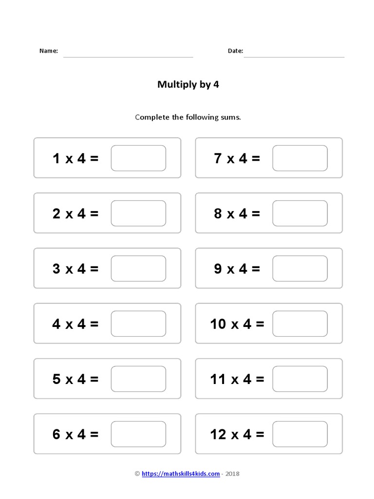 X4 Times Table Multiply by 4 Test 96f3 PDF