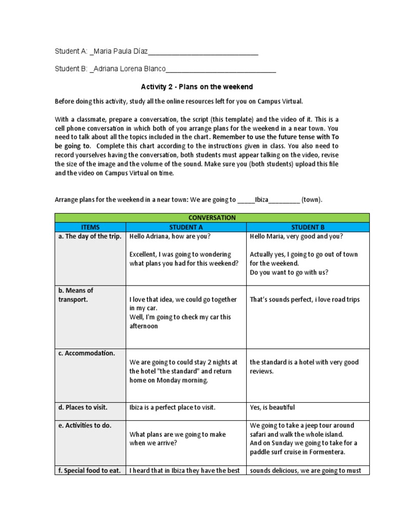 Activity 2 Plans On The Weekend Template1 Pdf