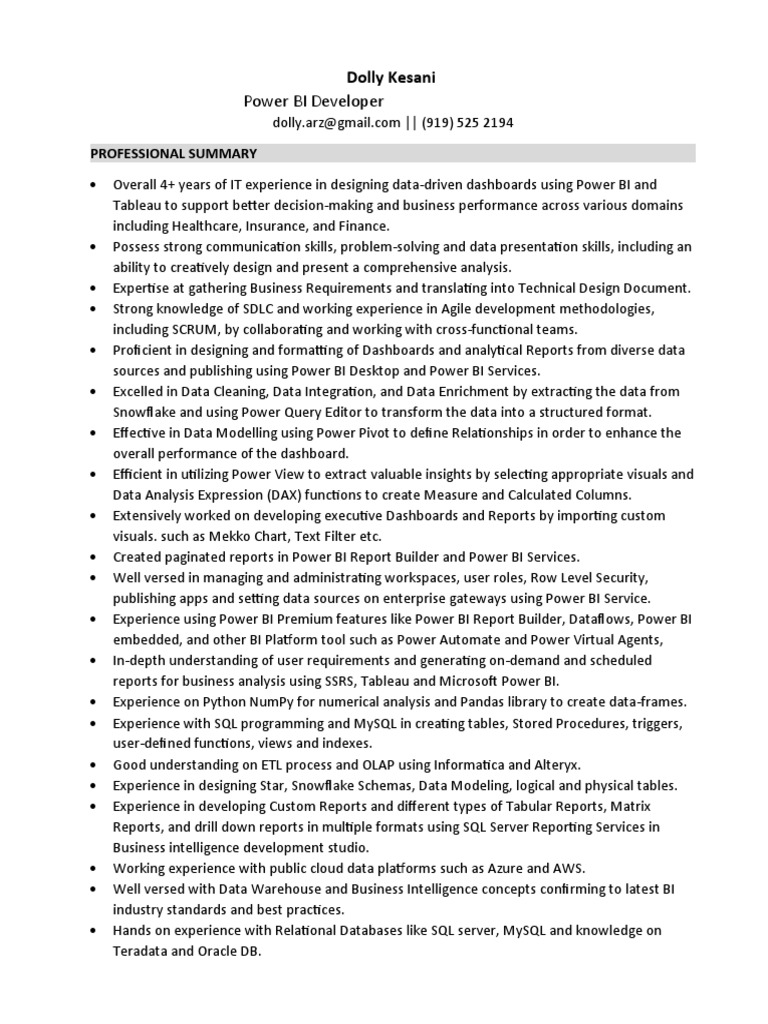Power BI Developer Resume - Dolly Kesani | PDF | Microsoft Sql Server ...