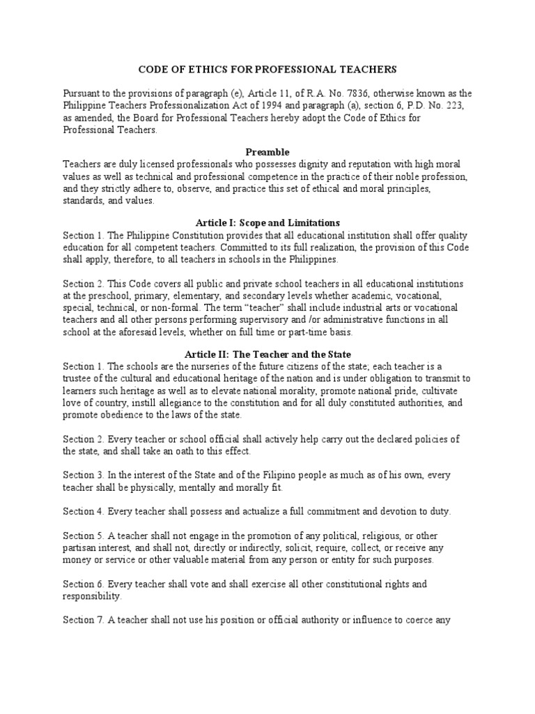 Code Of Ethics For Professional Teachers Profession Teachers