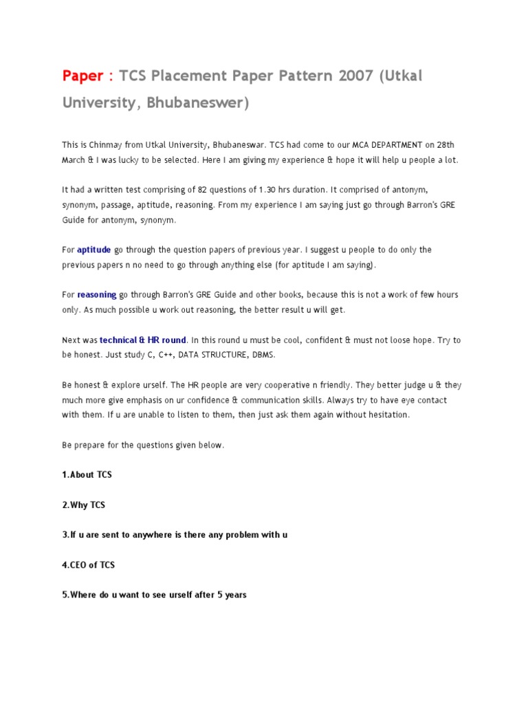 Paper:: TCS Placement Paper Pattern 2007 (Utkal University, Bhubaneswer ...