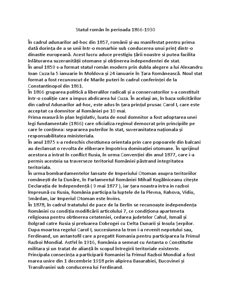 Statul Român În Perioada 1866 | PDF