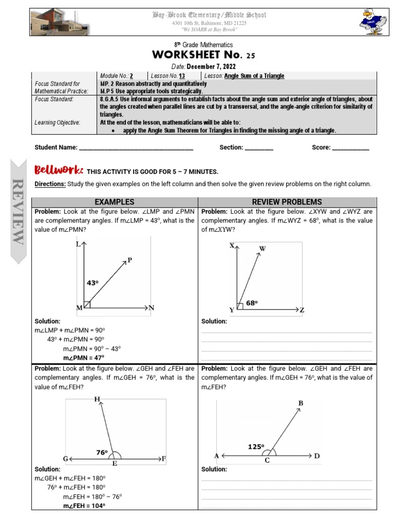 8th Grade Triangle Angle Sum Worksheet | PDF | Triangle | Elementary ...