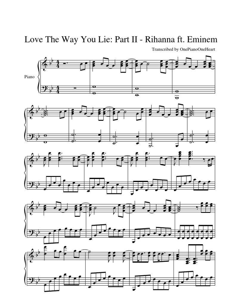Piano Sheet Music Love the Way You Lie Part II Rihanna Ft. Eminem R&B contemporain
