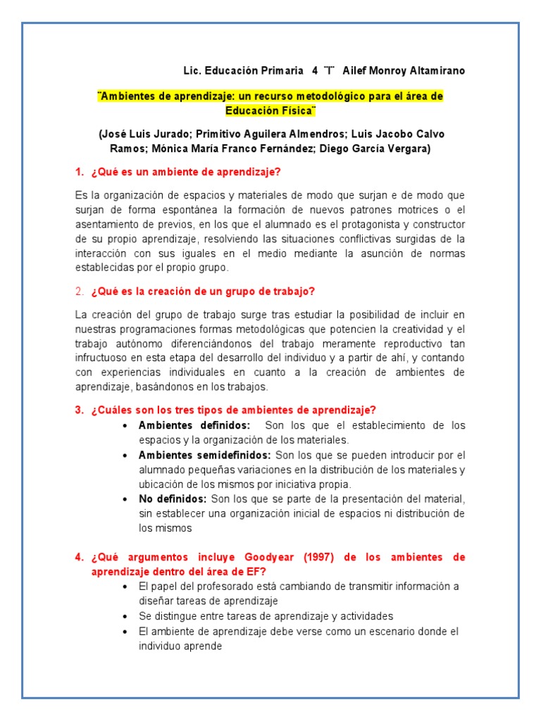 Ambientes De Aprendizaje En Educación Física Pdf Aprendizaje