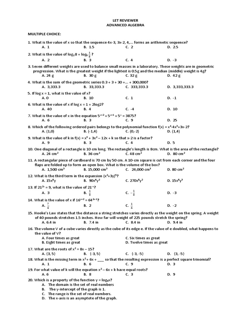 Math Let Reviewer 42 Advanced Algebra | PDF | Algebra | Zero Of A Function