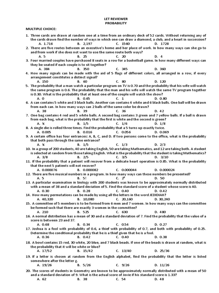 Probability Practice Questions for LET | PDF | Odds | Normal Distribution