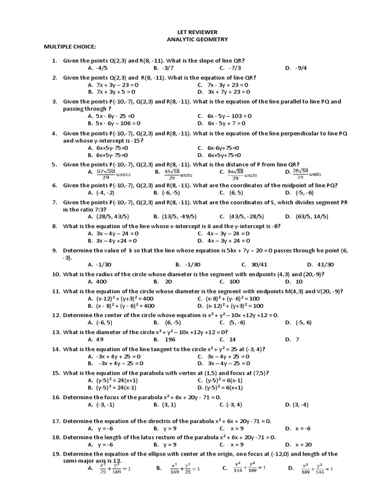 Analytic Geometry Reviewer with Answers | PDF | Ellipse | Euclidean ...