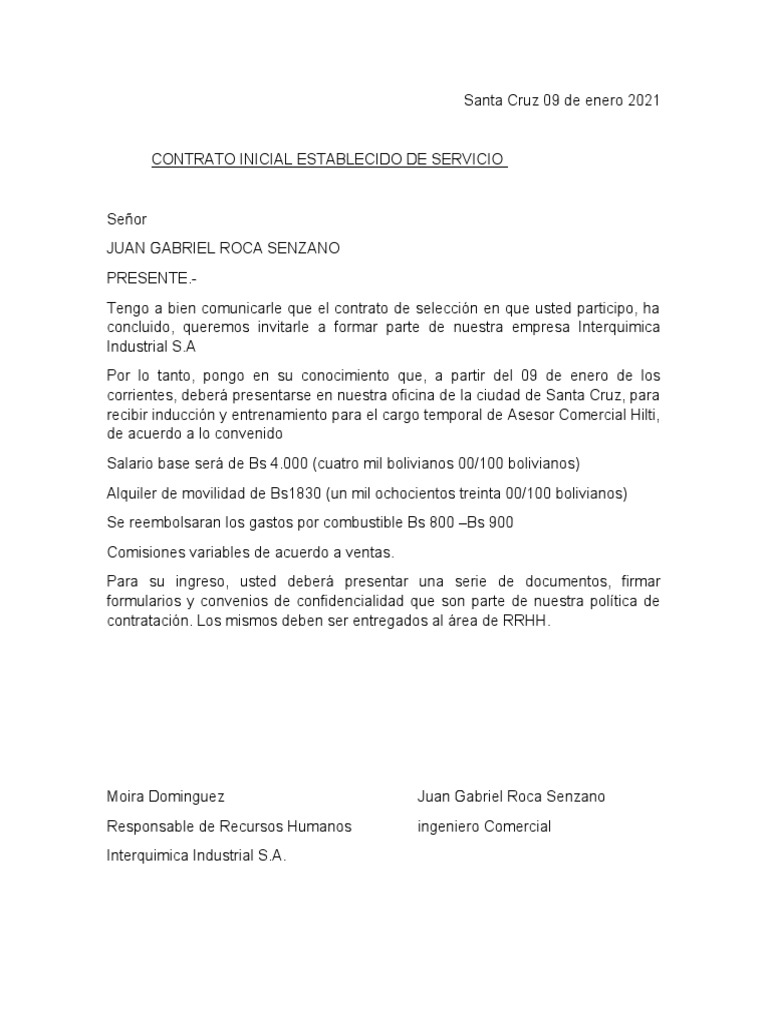 Contrato de Servicio en Interquimica S.A. | PDF