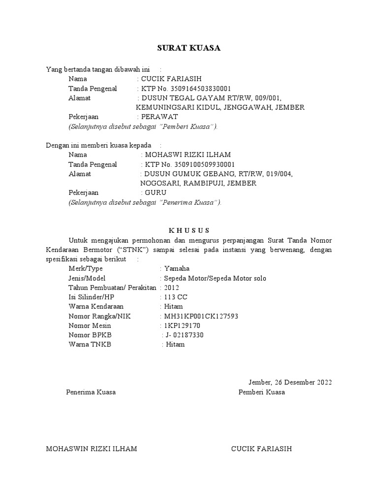 Contoh SURAT KUASA Perpanjangan STNK 5 T PDF