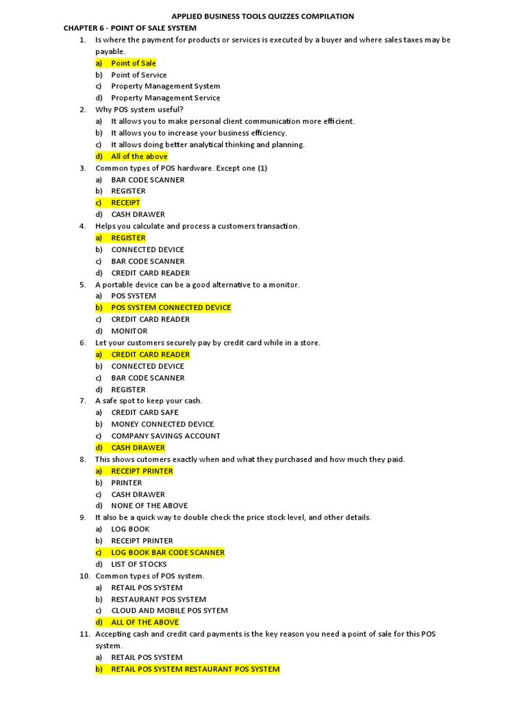 Applied Business Tools Quizzes Compilation PDF Point Of Sale