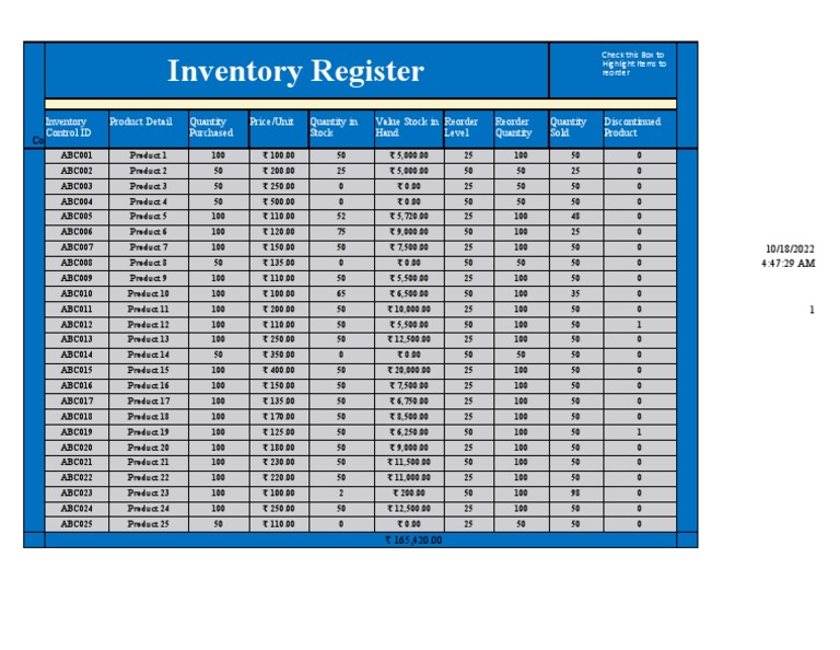 Inventory Tracking Sheet Highlighting Products Needing Reorder PDF