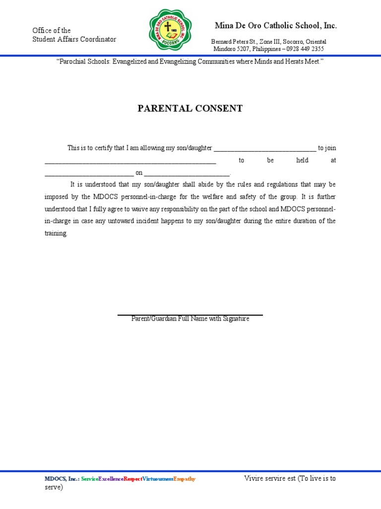 Parental Consent Form for Student Participation in Off-Campus Training ...