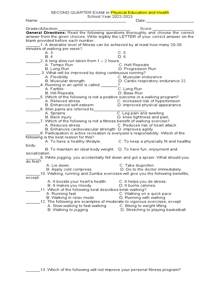 SECOND QUARTER EXAM in Download Free PDF Track And Field Weight