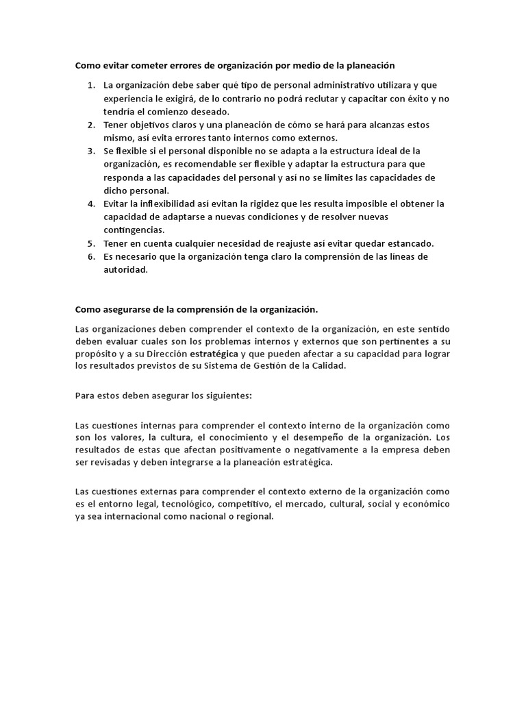 Como Evitar Cometer Errores de Organización Por Medio de La Planeación ...