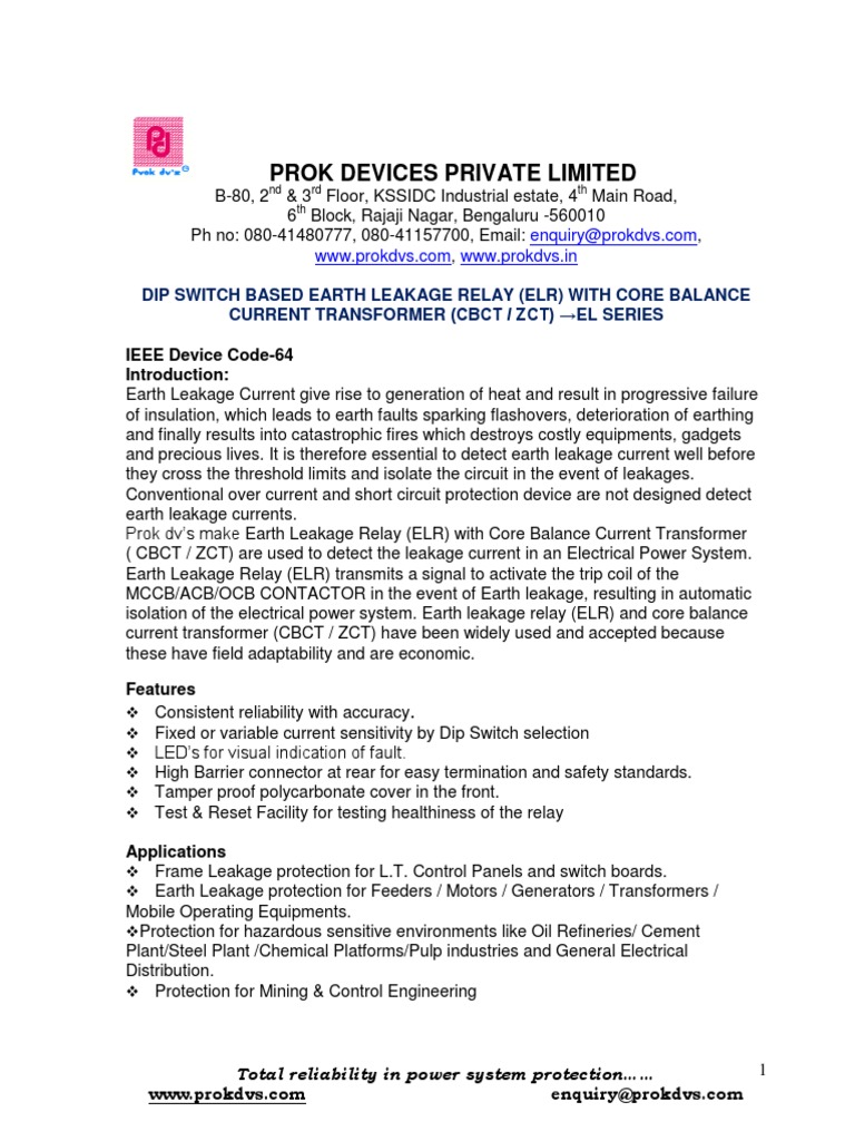 Prok Devices Earth Leakage Relay Guide | PDF | Relay | Transformer