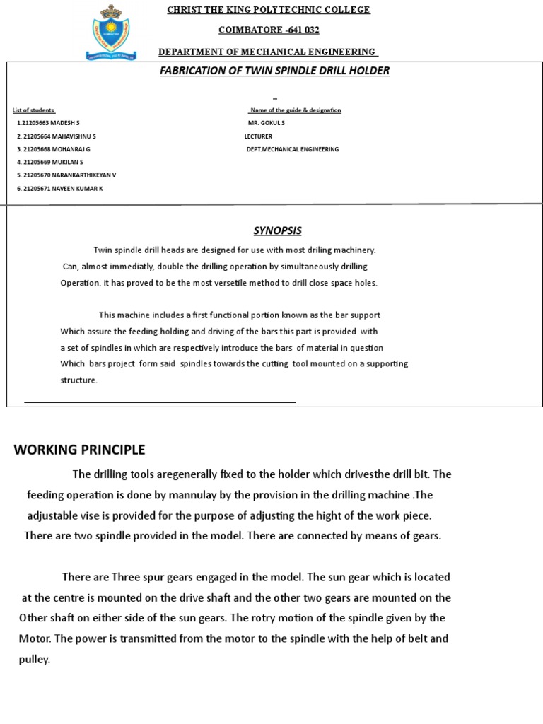 Project SynopsisTwin Spindle Drill PDF