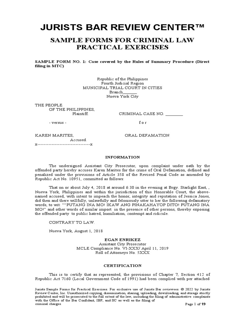 Jurists Bar Review Center™ Sample Forms For Criminal Law Practical