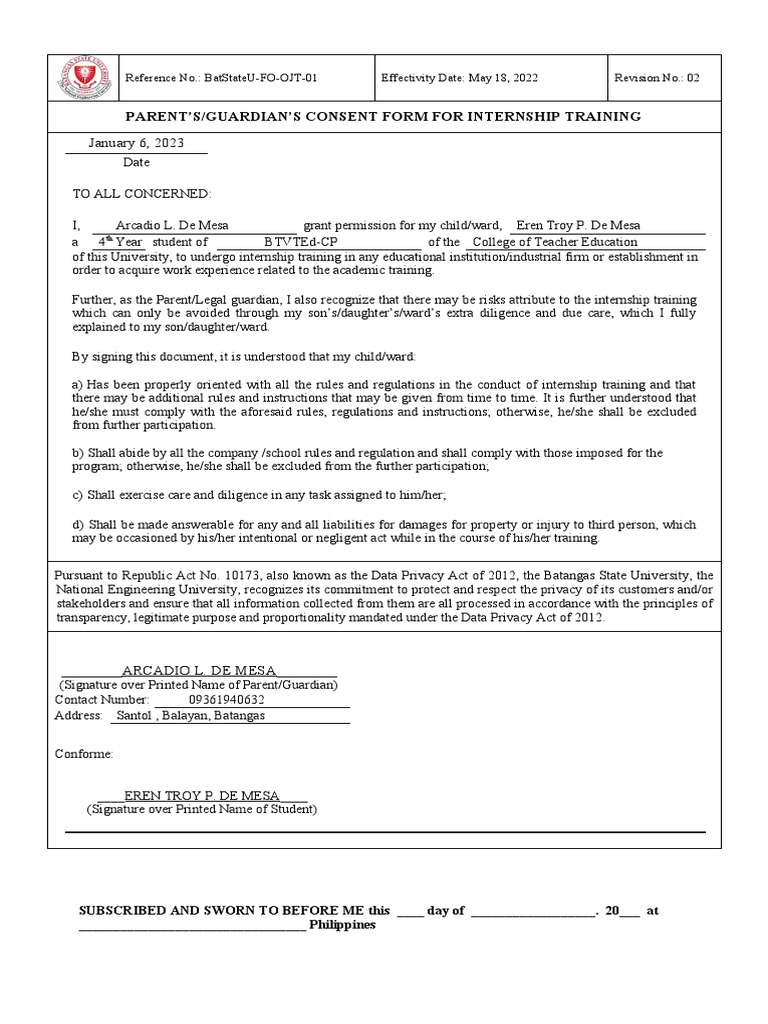 Parent Consent Form for Internship | PDF | Privacy | Consent