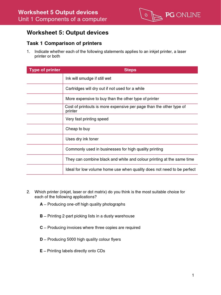 Computer Components Worksheet 5 | PDF