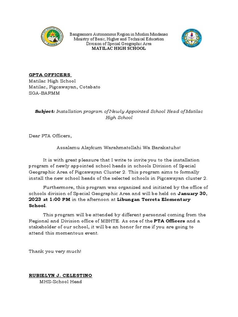 Invitation letter for installation pdf
