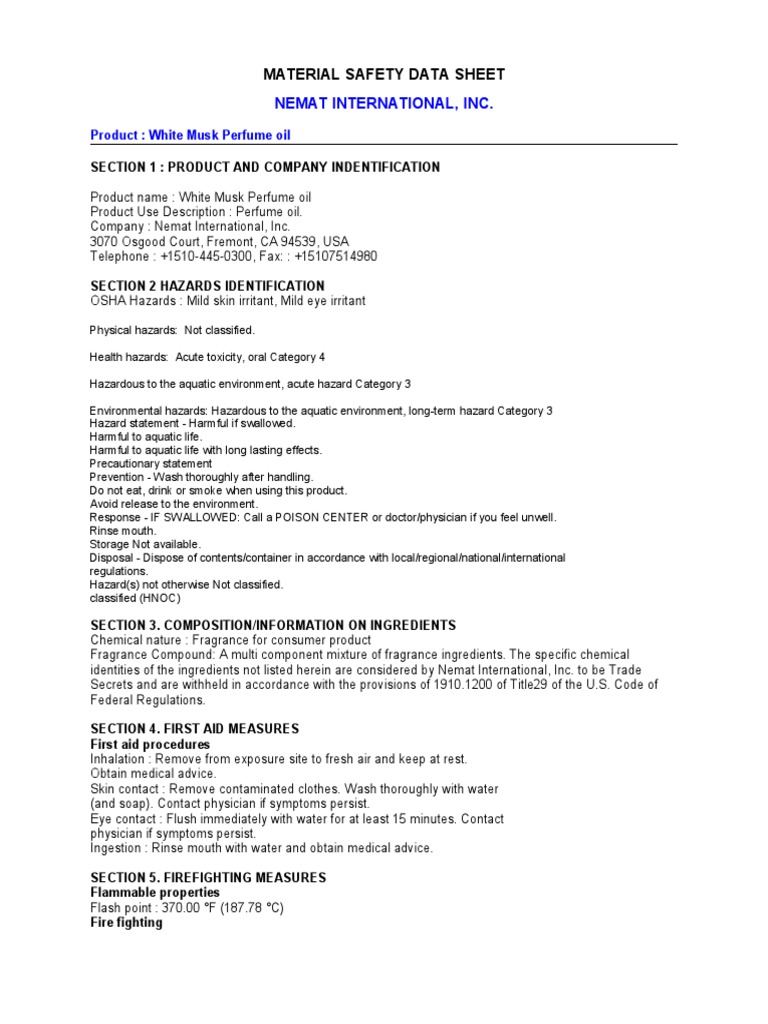 White Musk Premium Fragrance Oil MSDS PDF Perfume Firefighting