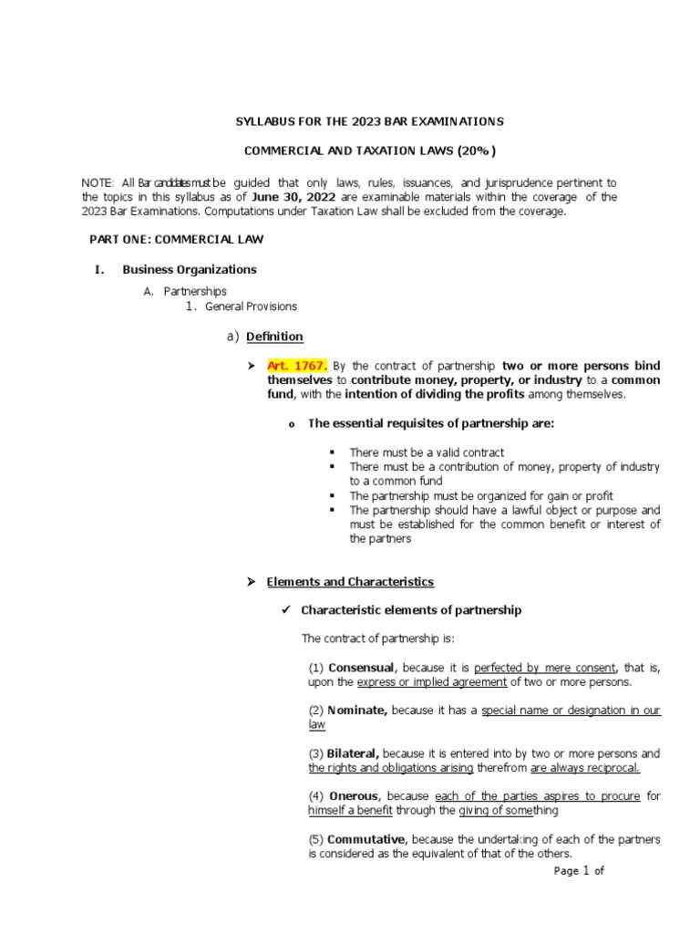 2023 Bar Exam Syllabus Commercial Review PDF Partnership Stocks