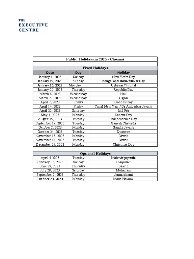 TEC Chennai - Holiday List - 2023 | PDF
