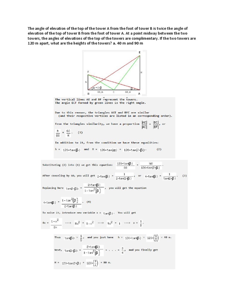 Tower Height and Angle Elevation Problems | PDF | Angle | Triangle