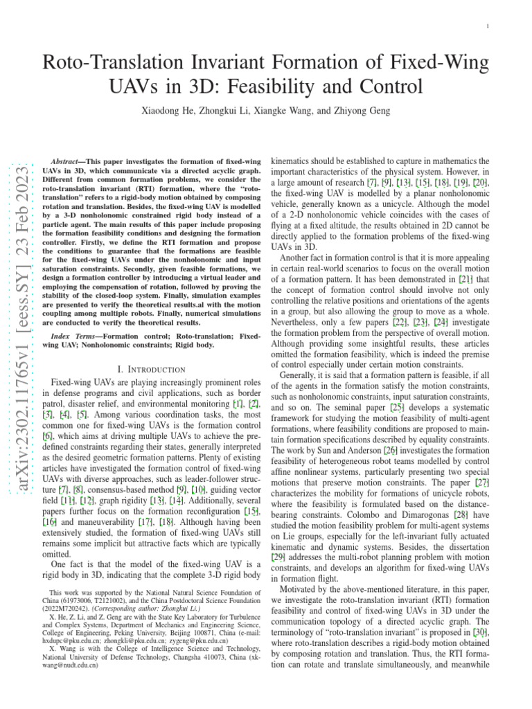RotoTranslation Invariant Formation of FixedWing Uavs in 3D