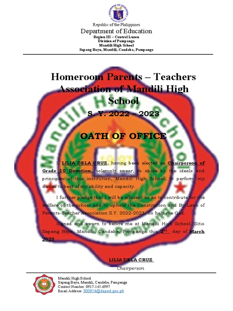 2022 grade 10 devotion pta oath of office download free pdf oath of