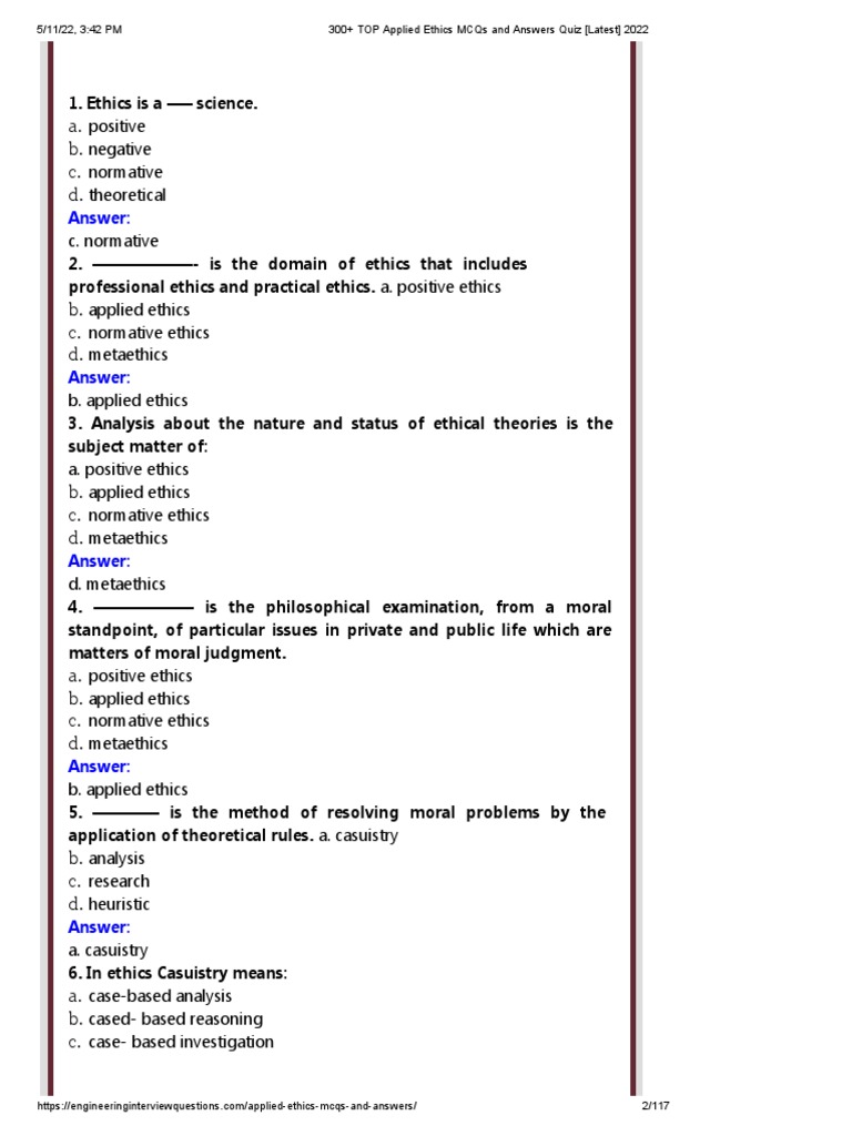 300+ TOP Applied Ethics MCQs and Answers Quiz (Latest) 2022 PDF