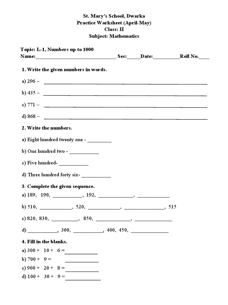 Class 2 Missing Numbers Worksheet | PDF