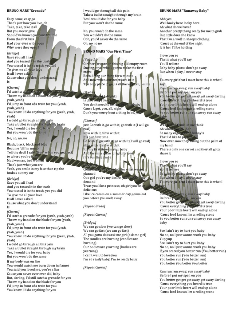 Bruno Mars Lyrics PDF Song Structure Vocal Music
