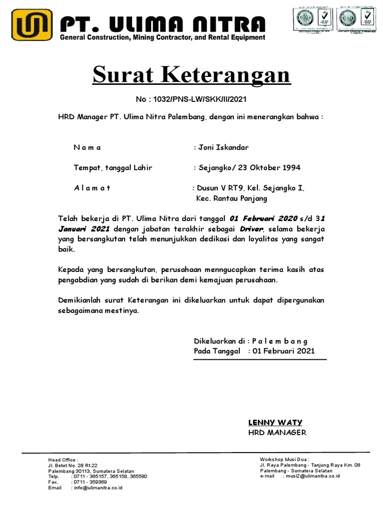 Paklaring Driver PT Ulima Nitra | PDF