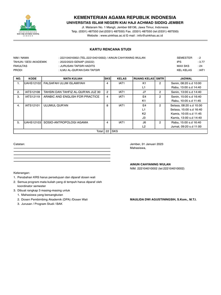 Kartu Rencana Studi Mahasiswa IAT1 | PDF