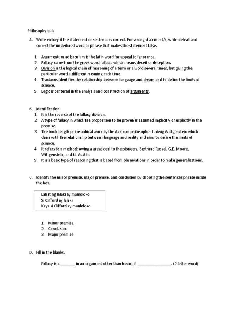 Philosophy Quiz on Logic and Fallacies | PDF