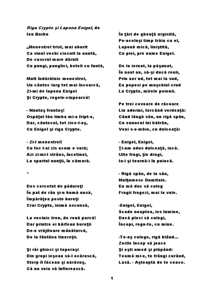 Ion Barbu. Riga Crypto Și Lapona Enigel. Poezia Și Eseul | PDF