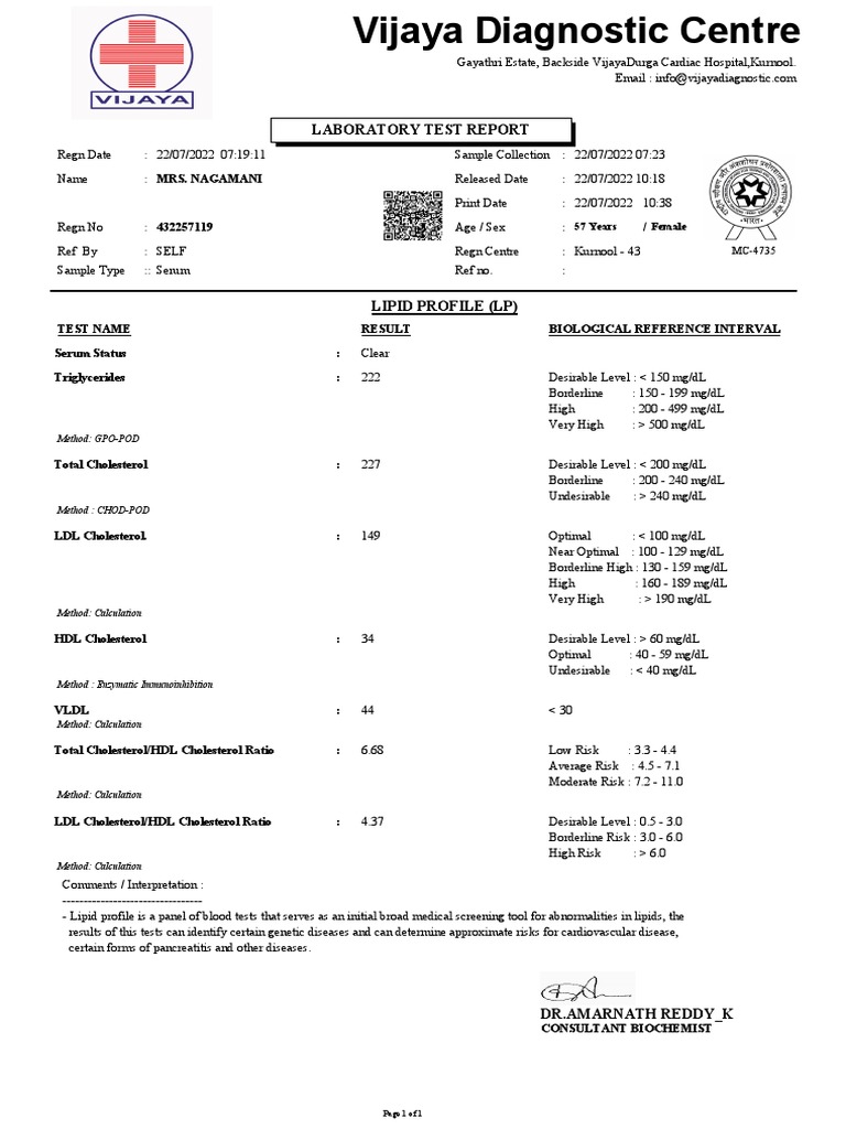 Vijaya Diagnostic Centre Lipid Profile Test Report PDF Cholesterol