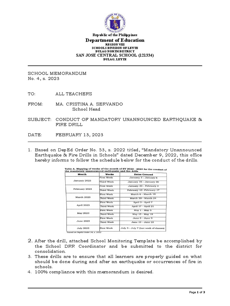 2.13.2023 Conduct of Mandatory Unannounced Earthquake & Fire Drill | PDF