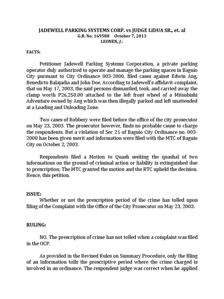 Jadewell Parking Vs Judge Lidua (G.R. No. 169588) PDF Statute Of
