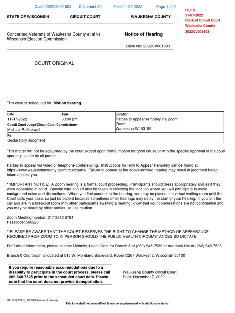 23 Notice of Hearing 11722 PDF Wisconsin Circuit Courts