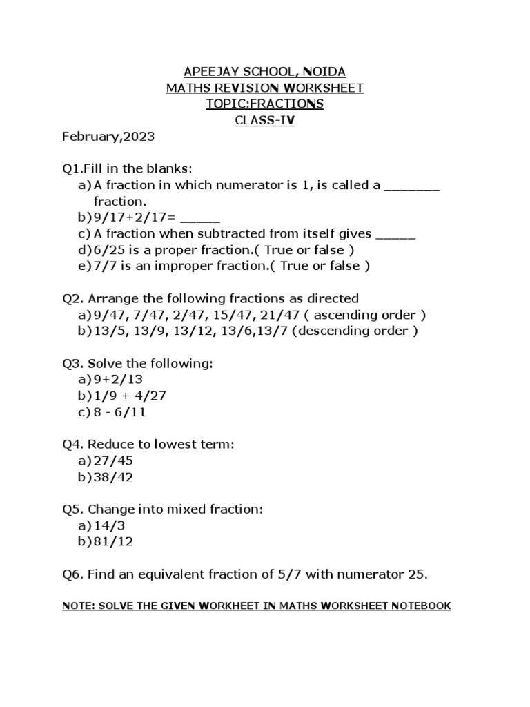 Fractions Worksheet | PDF