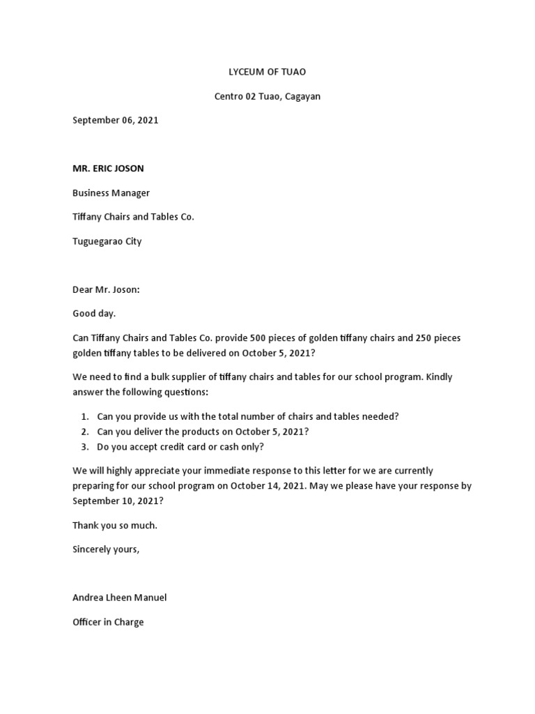 Lyceum of Tuao's Request for Tiffany Chairs and Tables from Tiffany