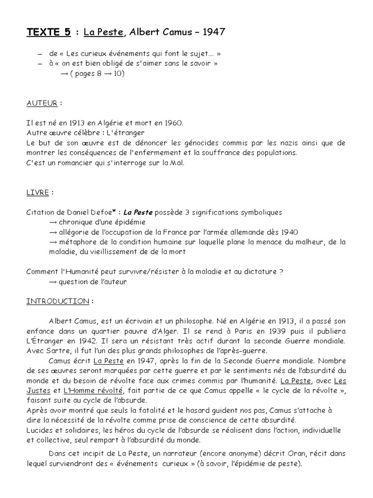 Texte 5 La Peste Incipit PDF Albert Camus