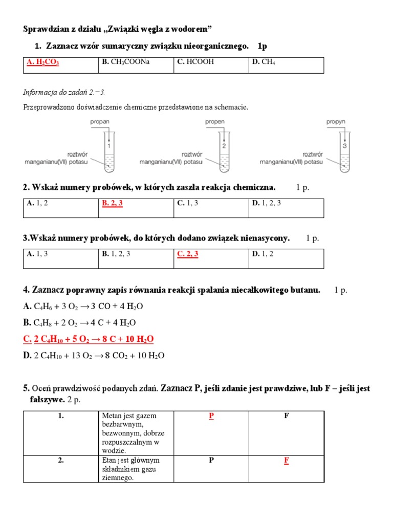 Związki Węgla Z Wodorem Klasa 8 Sprawdzian Z Działu ,,związki Węgla Z Wodorem | PDF