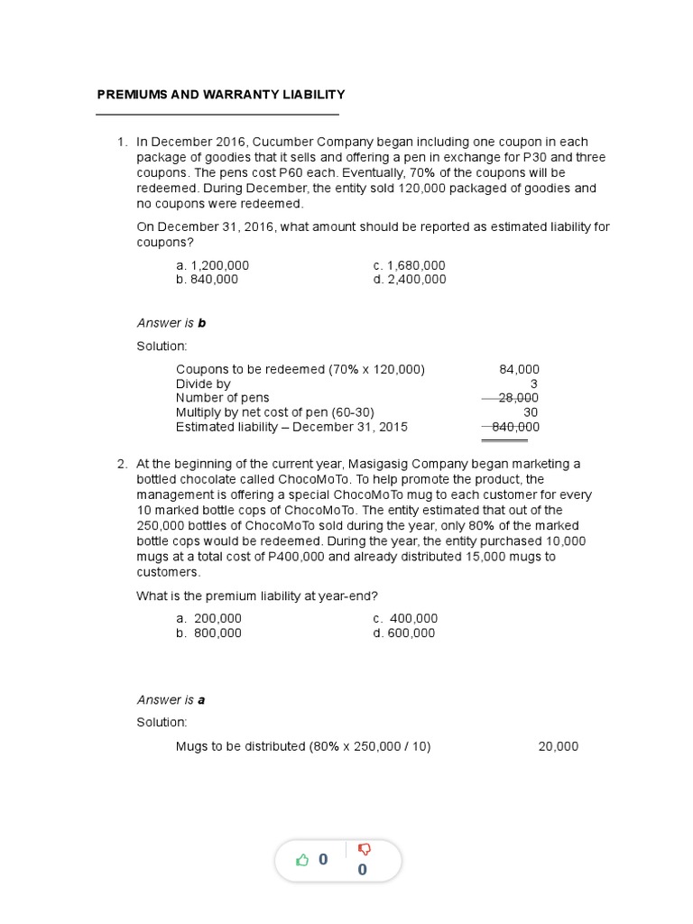 Liabilities and Equity Sample Problems Premiums and Warranty Liability ...
