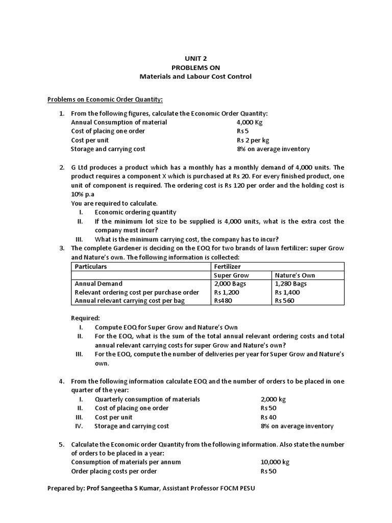 Unit 2 - Material - Labour PROBLEMS | PDF | Cost Of Living | Piece Work